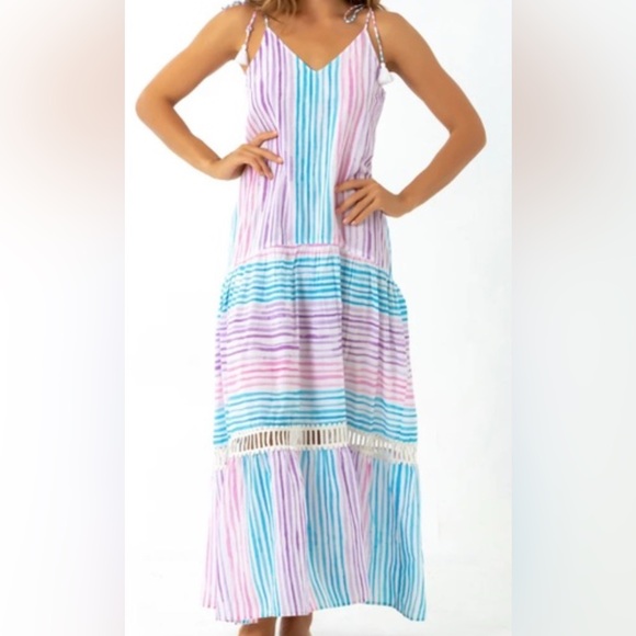 BINDU TIERED STRIPPED MAXI DRESS NWOT SIZE L - Picture 1 of 4